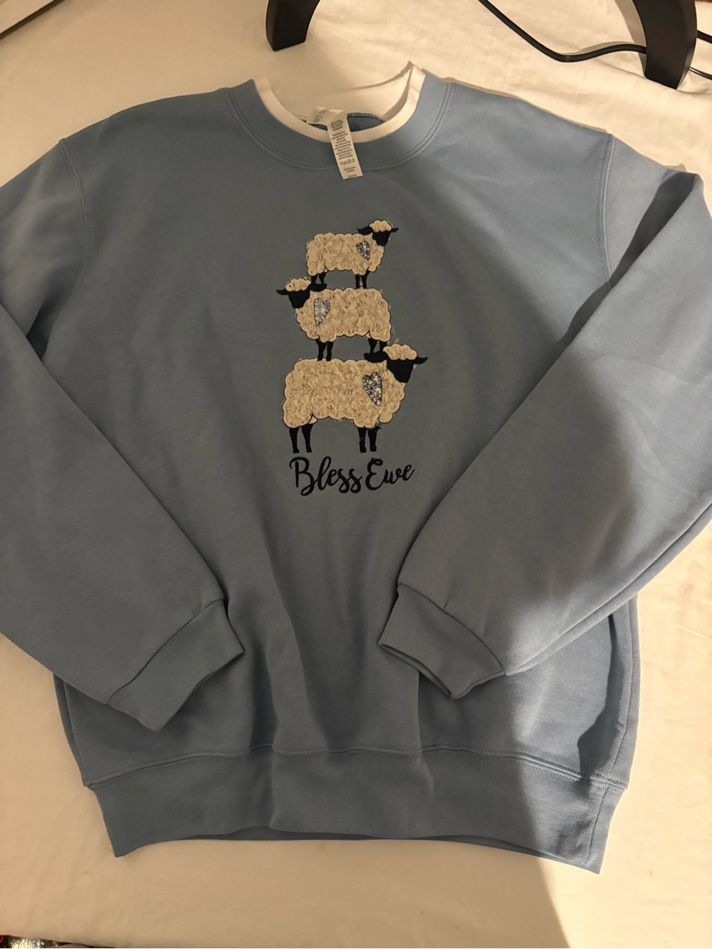 Bless Ewe Light Blue Graphic Crewneck Sweatshirt